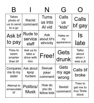 Dinner with Dad Bingo Card