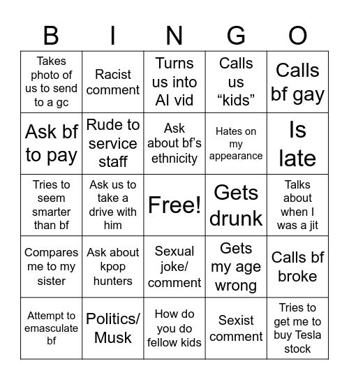 Dinner with Dad Bingo Card