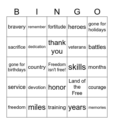 Veterans Bingo Card