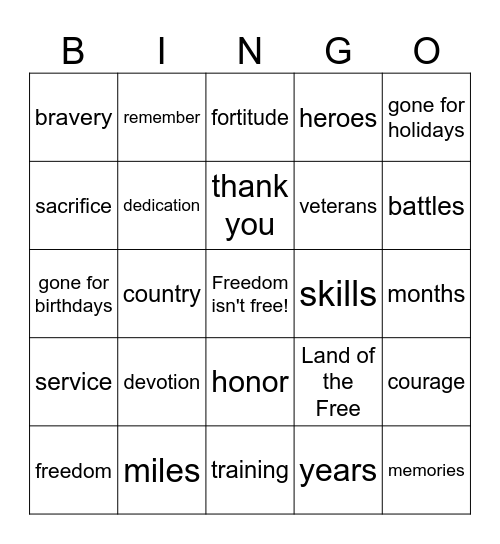 Veterans Bingo Card