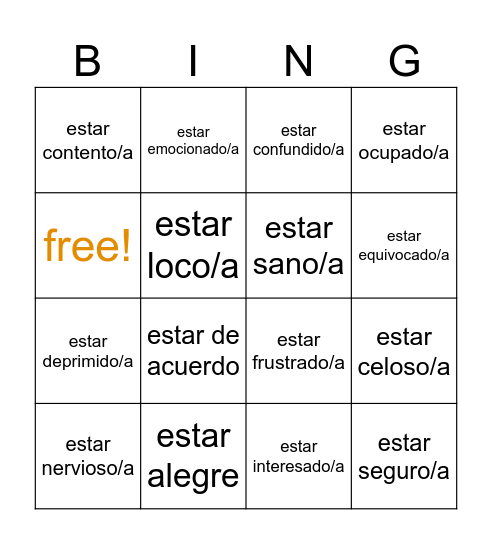 emociones bingo Card