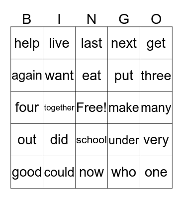 Dolch Words2 Bingo Card