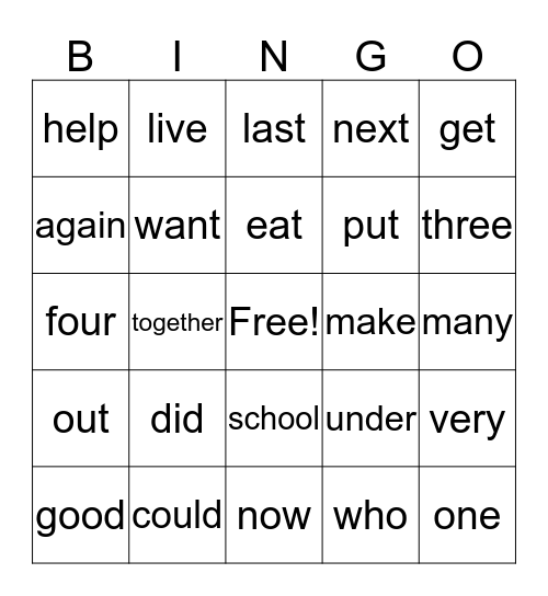 Dolch Words2 Bingo Card