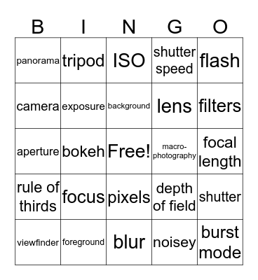 Shutterbug Vocabulary Bingo Card