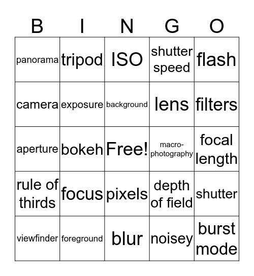 Shutterbug Vocabulary Bingo Card