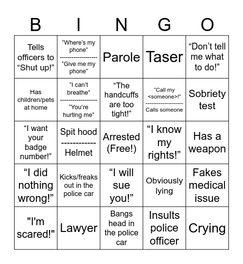 *Bodycam* Bingo Card