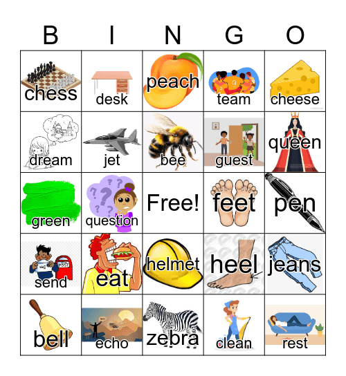 long and short "E"---words and images Bingo Card