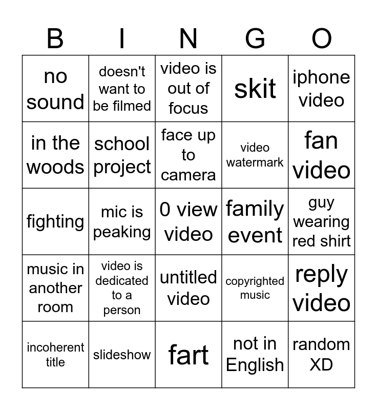 Nessa Youtube Bingo #1 Bingo Card