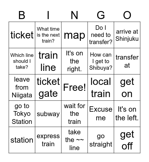Train Traveling Vocabulary Bingo Card