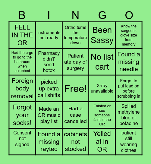 OR Nurse Week Bingo Card