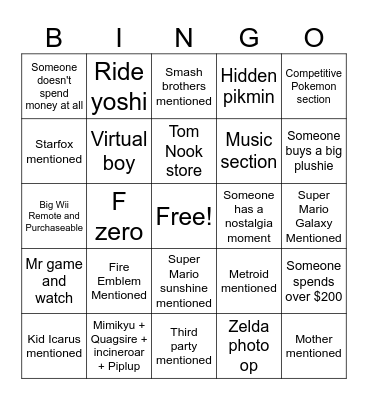 Nintendo Museum Bingo Card