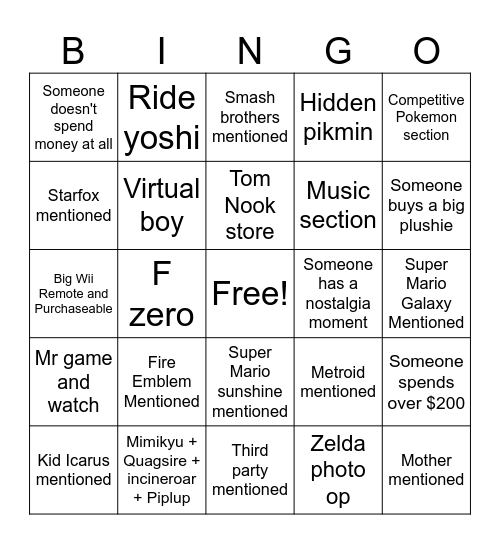 Nintendo Museum Bingo Card
