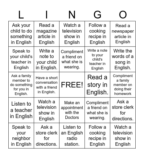 Lingo  Bingo Card