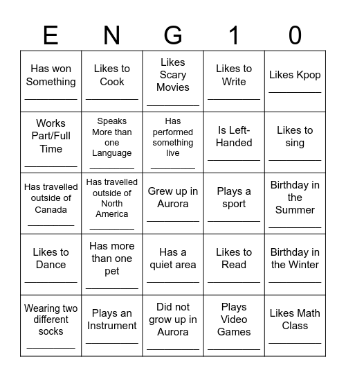 ENGLISH Bingo Card