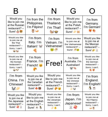 B7 L2 I’m from Korea. I’m Korean! 🐶🍲 Bingo Card