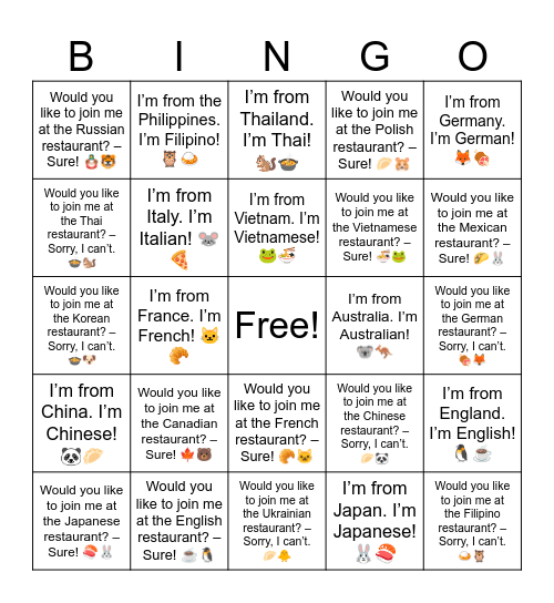 B7 L2 I’m from Korea. I’m Korean! 🐶🍲 Bingo Card