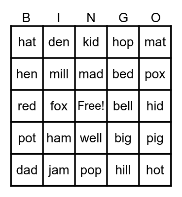 Phonics Bingo Card
