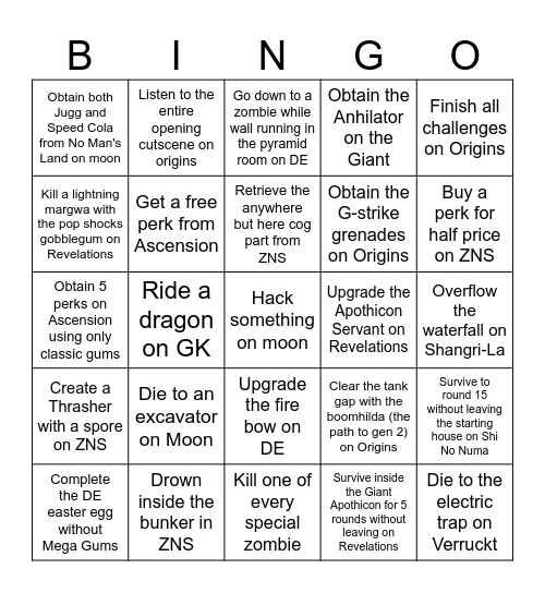 BO3 Zombies Bingo Card