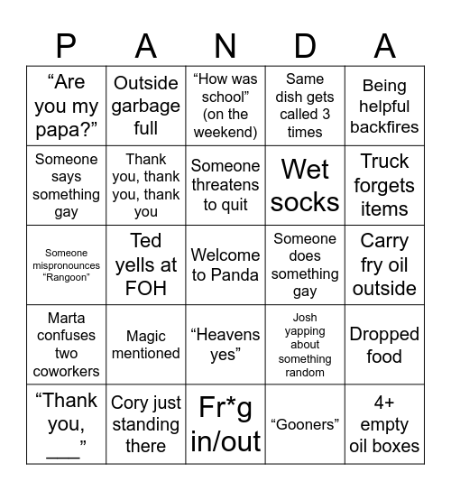 Panda Express Bingo Card