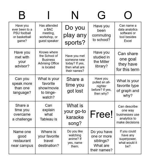 BAC BINGO Card