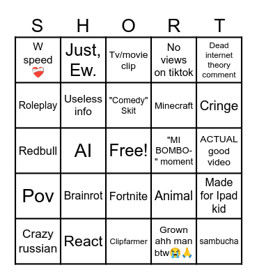 Youtube shorts Bingo Card