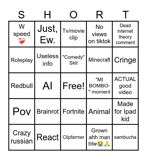 Youtube shorts Bingo Card