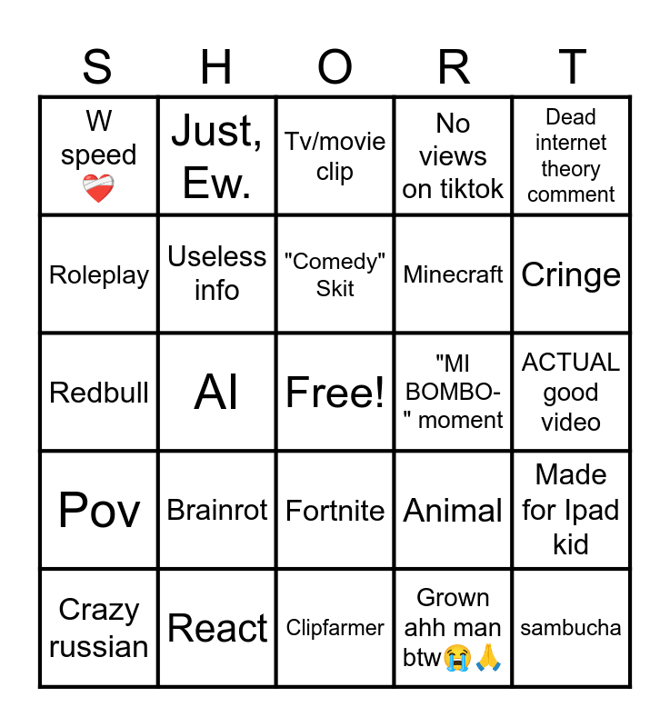 Youtube shorts Bingo Card