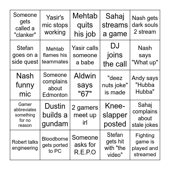 Noobisms Bingo Card
