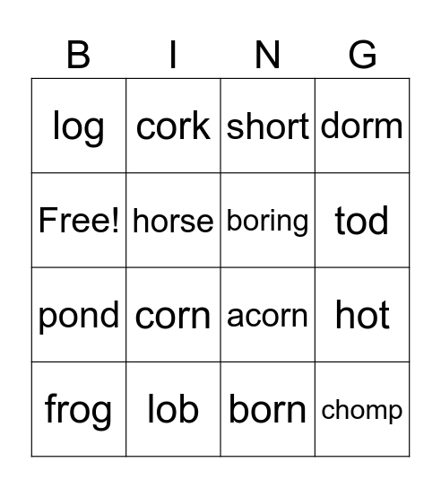 HF D U3 L3 'or' and 'o' sounds Bingo Card