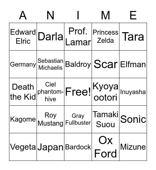 anime Bingo Card