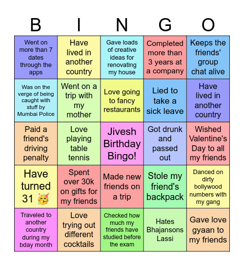 Jivesh bday bingo Card