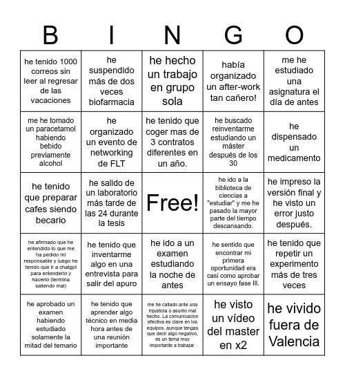 Yo nunca Bingo Card