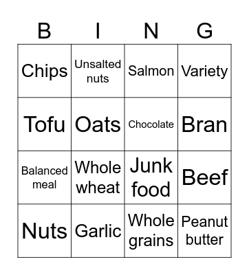 Nutrition Bingo Card