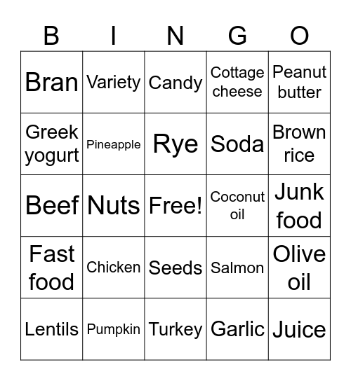 Nutrition Bingo Card