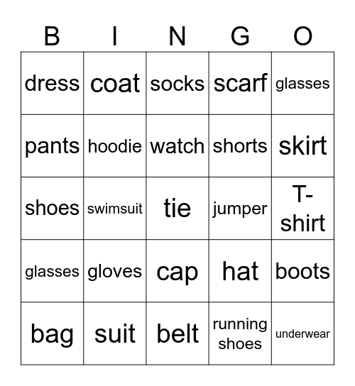 Clothing Bingo Card