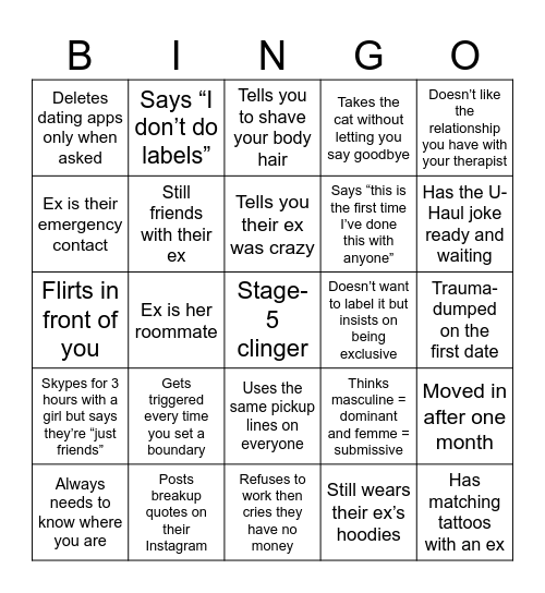 Lesbian Red Flag Bingo Card