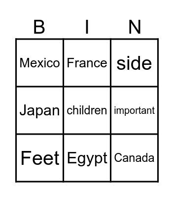 Vocabulary Words Bingo Card