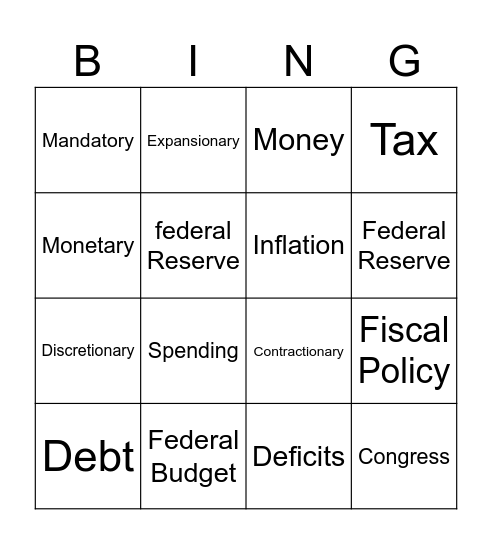 Fiscal Monetary Policy Bingo Card