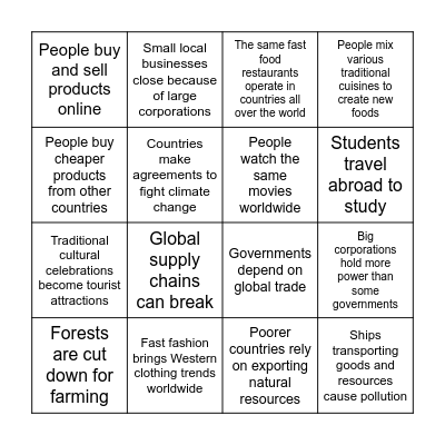 Globalization Impacts Bingo Card