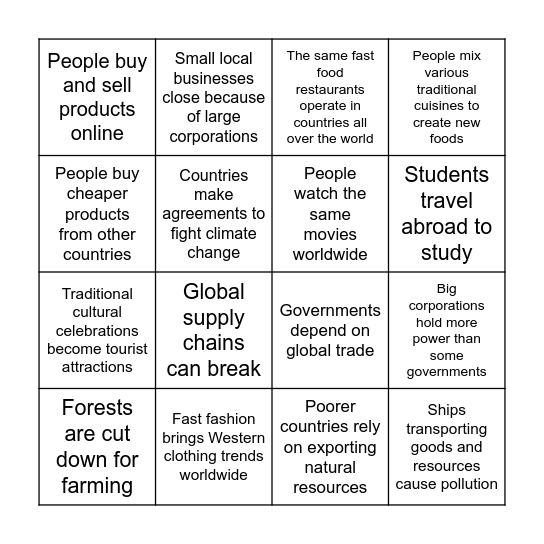 Globalization Impacts Bingo Card