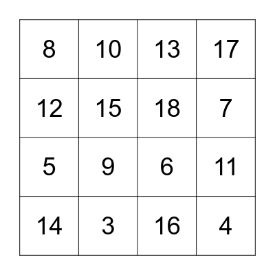 Addition facts Bingo Card