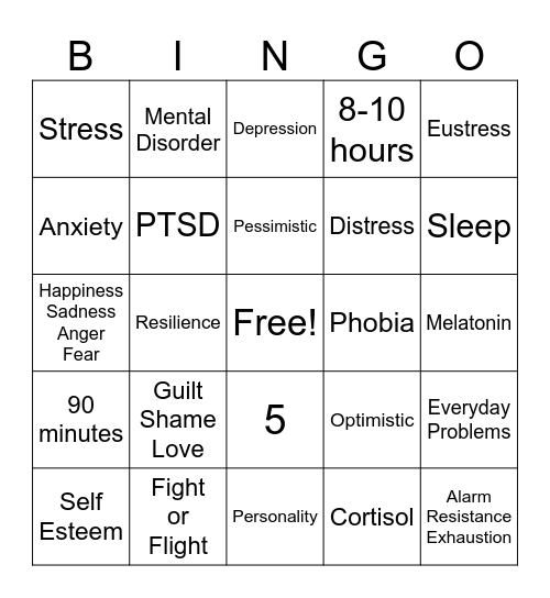 Mental Health Bingo Card