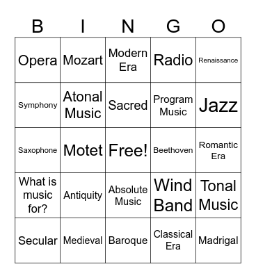 Music History Bingo Card