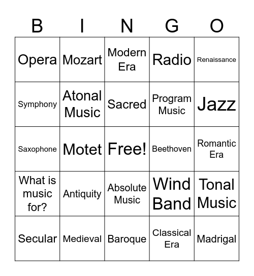 Music History Bingo Card
