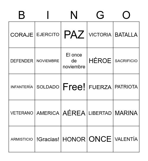 Día De Los Veteranos Bingo Card