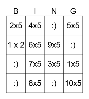 5 X TIMES TABLE Bingo Card