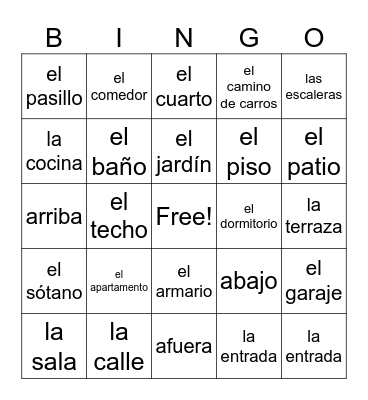 En la casa (los cuartos) Bingo Card