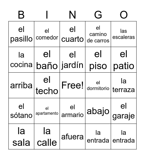 En la casa (los cuartos) Bingo Card