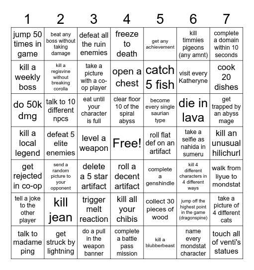 GENSHIN Bingo Card