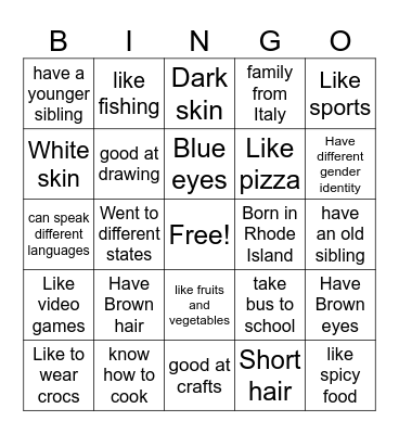 I Am Unique Bingo Card